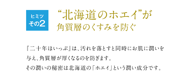 ヒミツその2、北海道のホエイが角質層のくすみを防ぐ。『二十年ほいっぷ』の潤いの秘密は北海道の「ホエイ」